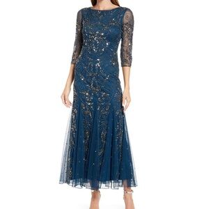 Pisarro Nights Sequined Blue 3/4 Illusion Sleeves Evening Gown Dress Size 6